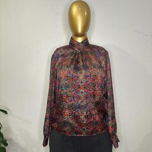 90s vintage jewel tone filigree print high neck charmeuse blouse 8 Petite medium